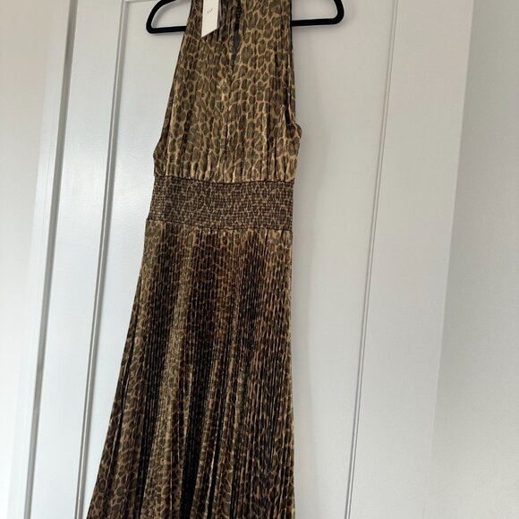 NWT A.L.C. Renzo Pleated Midi Dress Metallic Gold Sz 12 Leopard Print Mock Neck - Picture 8 of 9